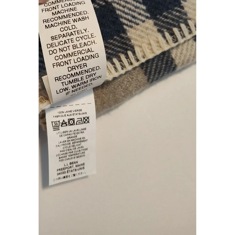 Pendleton LL Bean Washable Wool Full Size Blanket Blue Tan Cream 80” x 90” Plaid